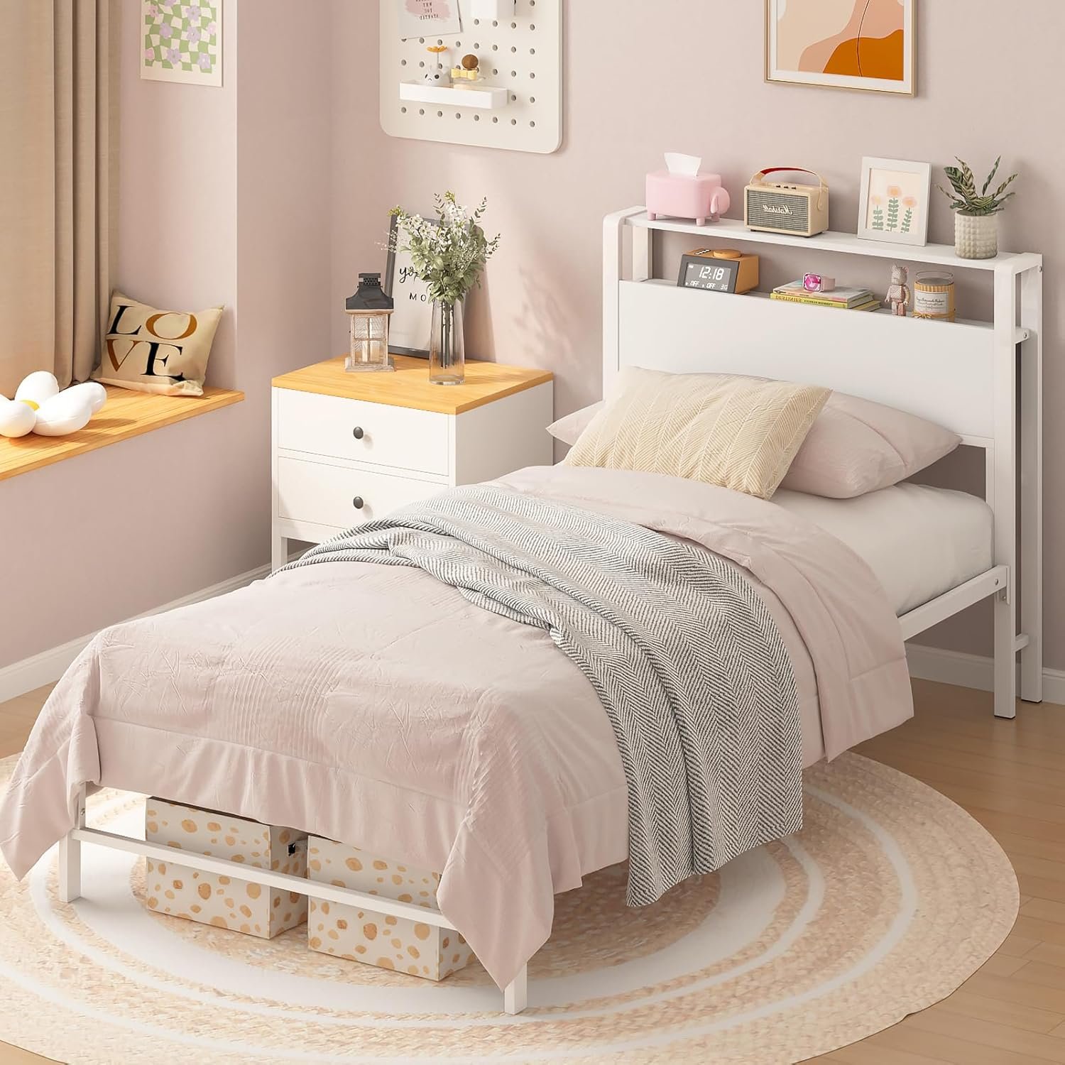 With double wooden bed frame and bed