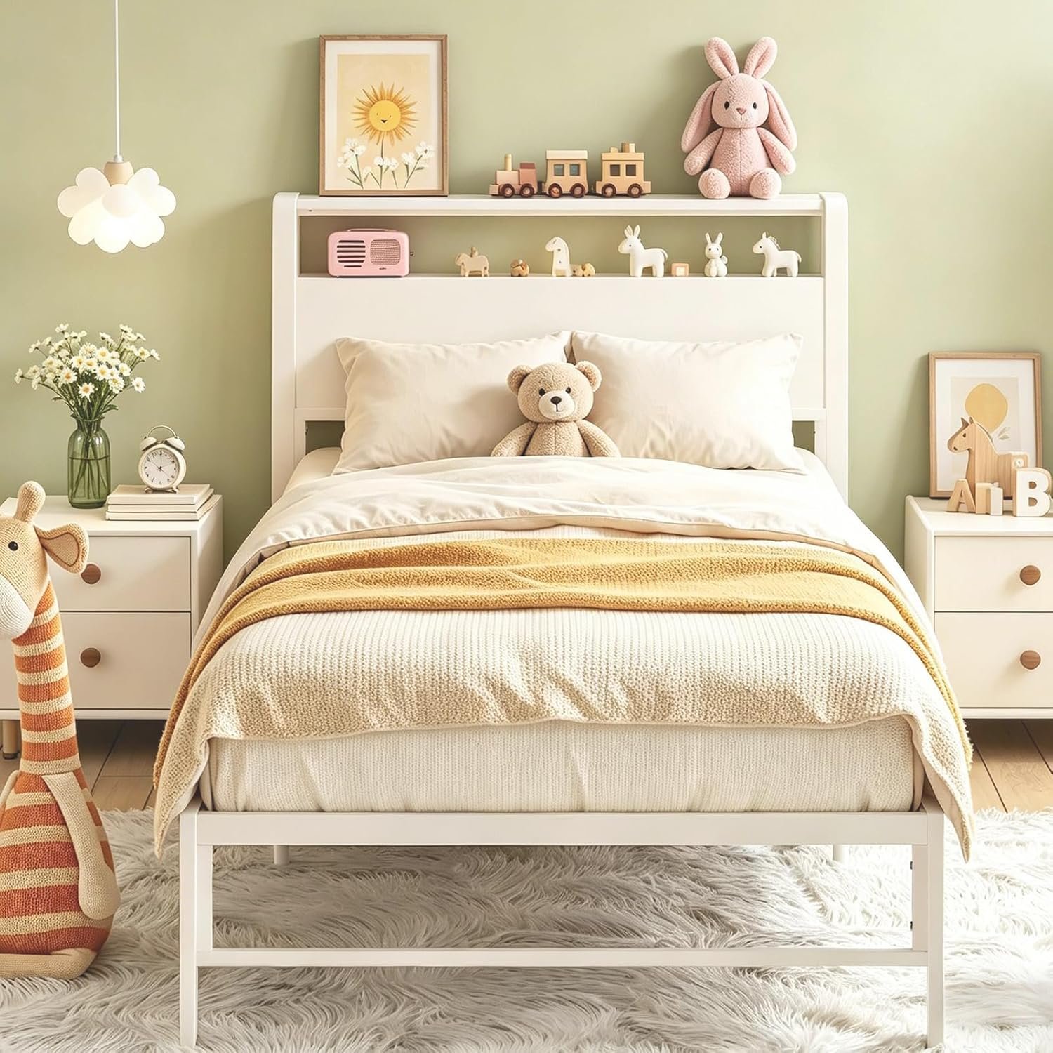 With double wooden bed frame and bed